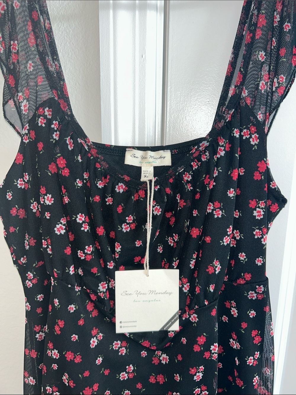 See You Monday Black Dress with Pink Floral Mesh Overlay - Picture 3 of 7